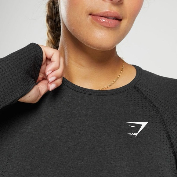 Gymshark Womens Vital Seamless 2.0 Long Sleeve Crop Top | M | Black Marl NEW!! - Picture 7 of 13